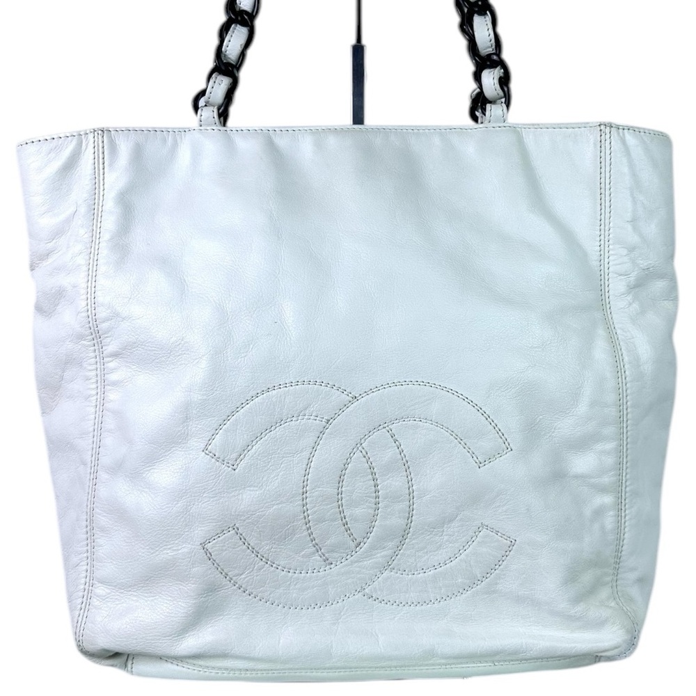 Authentic Chanel  White Leather Tote Bag